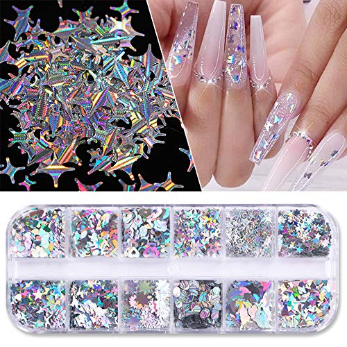 Holographic Nail Art Glitter Sequins Nail Art Supplies Flakes 12 Grids Laser Silver Nail Decals 3D Butterfly Nail Glitters Star Heart Unicorn Nail Art Sticker Confetti For Acrylic Nails Decorations #TOP6