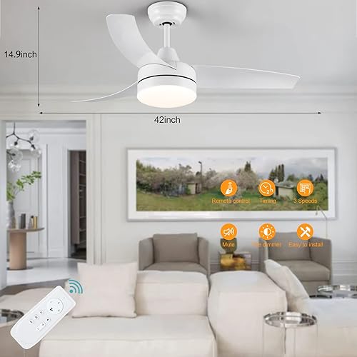 Miniatura 5 de Wellspeed Ventiladores de techo con luces ventilador de techo blanco con control remoto de luz ventilador de techo moderno de 42 pulgadas con luz