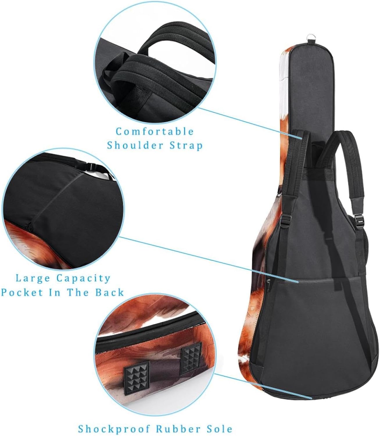 Acoustic Guitar Gig Bag 1 cm Thick Padding, Waterproof Electric Guitar Bag 40-42 Inch Guitar Case Backpack with Dual Shoulder Strap, Cute Fox Animal