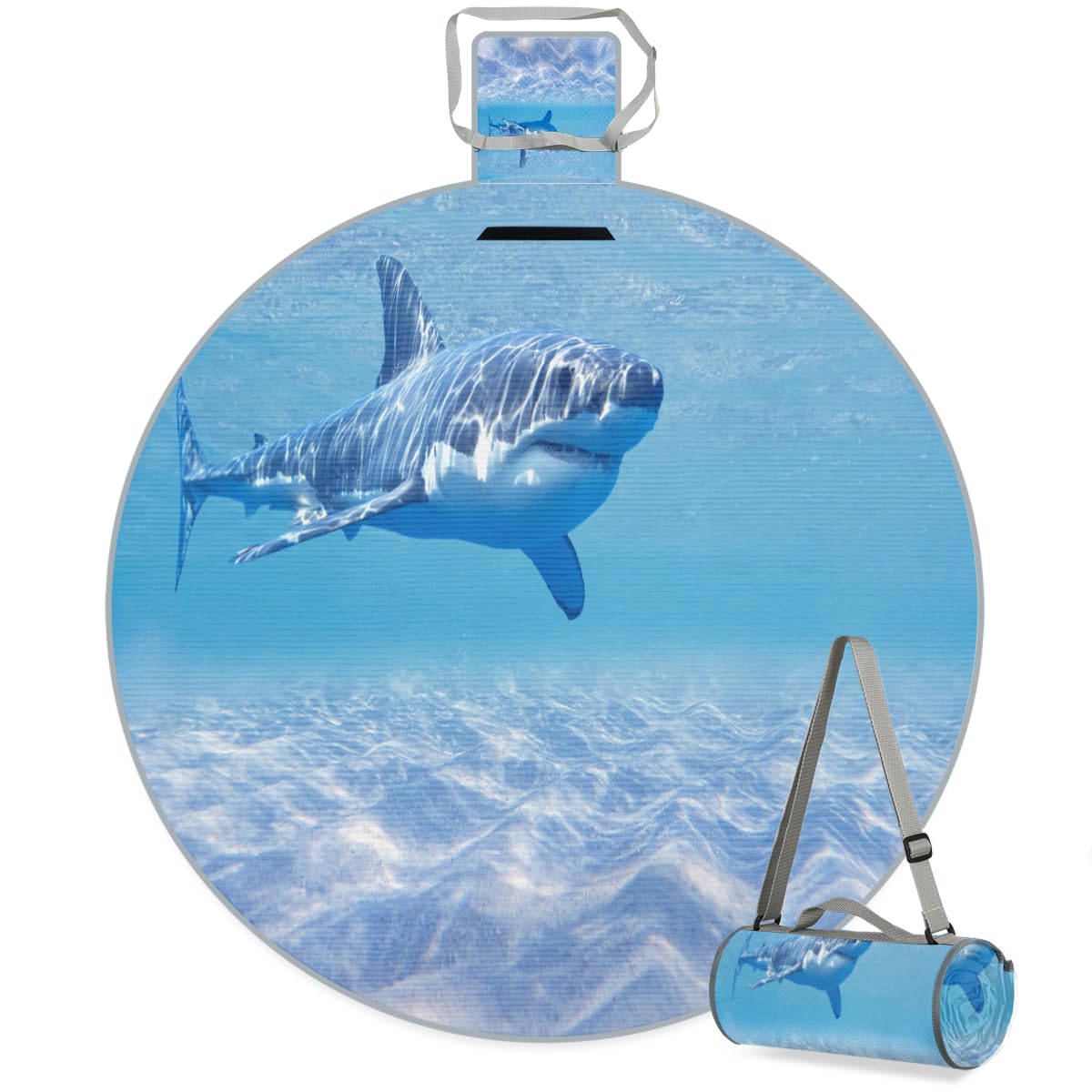 Shimoshe Ocean Sea Animal Shark Picnic Outdoor Blanket Foldable Waterproof Sandproof Beach Blanket Portable Water-Resistant Round Picnic Mat for Travel Camping Park Lawn