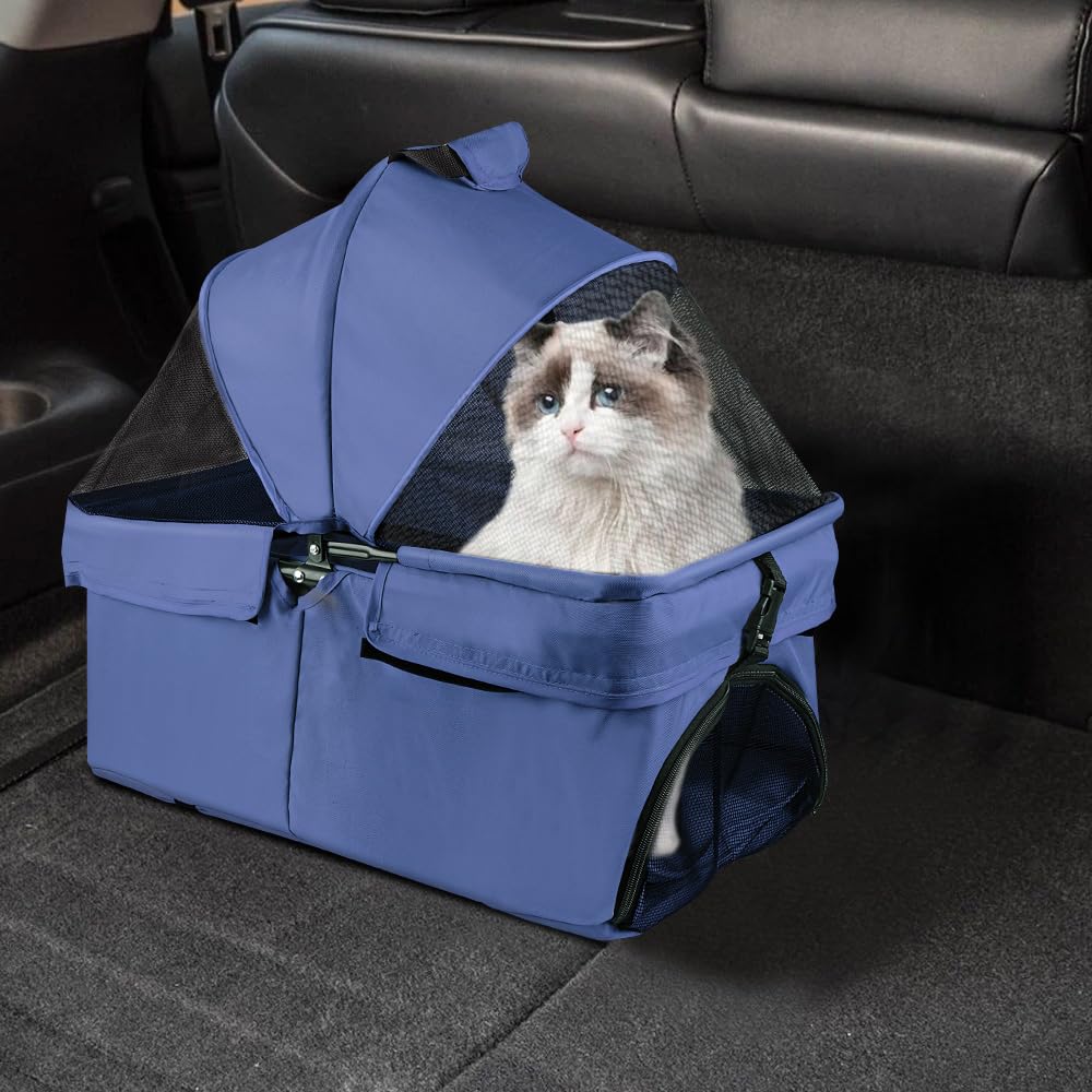 Passeggino pieghevole per animali domestici, passeggino pieghevole per animali domestici, 4 ruote per cani e gatti, cucciolo di piccole e medie dimensioni, fino a 20 kg-separabile - blu