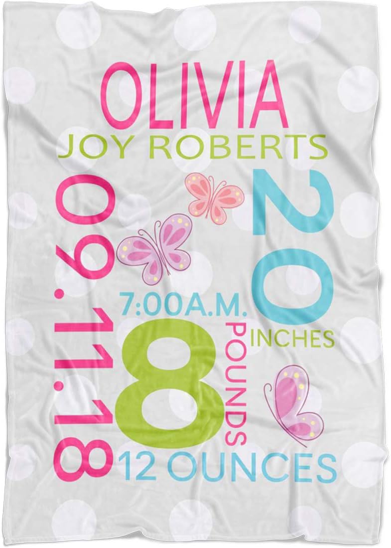 Personalized Baby Blanket with Birth Information for Girls and Boys. Customized Name Blanket from Baby's Name, Date of Birth, Weight, Length. Gift for New Born Baby, Dad Mom (Girl-Butterfly)