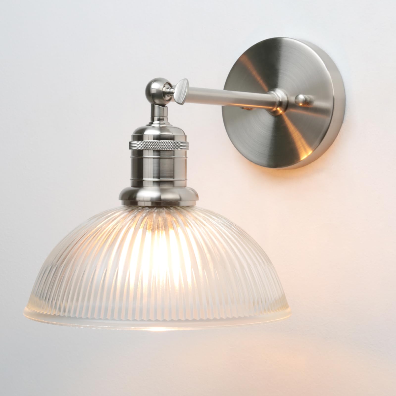 Yosoan Industrial Wall Light with Clear Ribbed Glass Shade, Dome Wall Light for Kitchen Bedroom Living Room (Brushed)