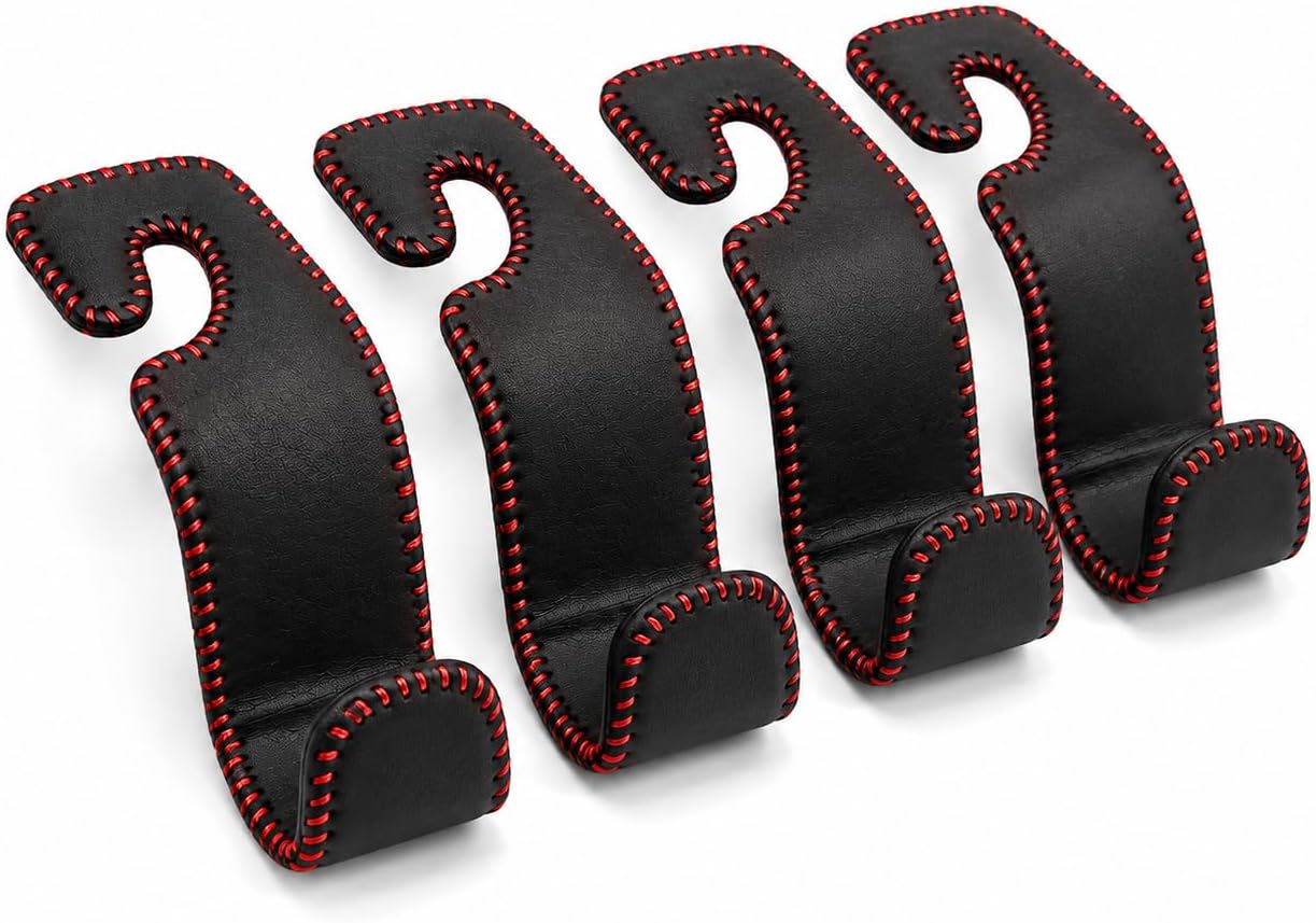 Car Headrest Hooks 4-Pack, Leather Wrapped Seat Hangers with Red Stitching