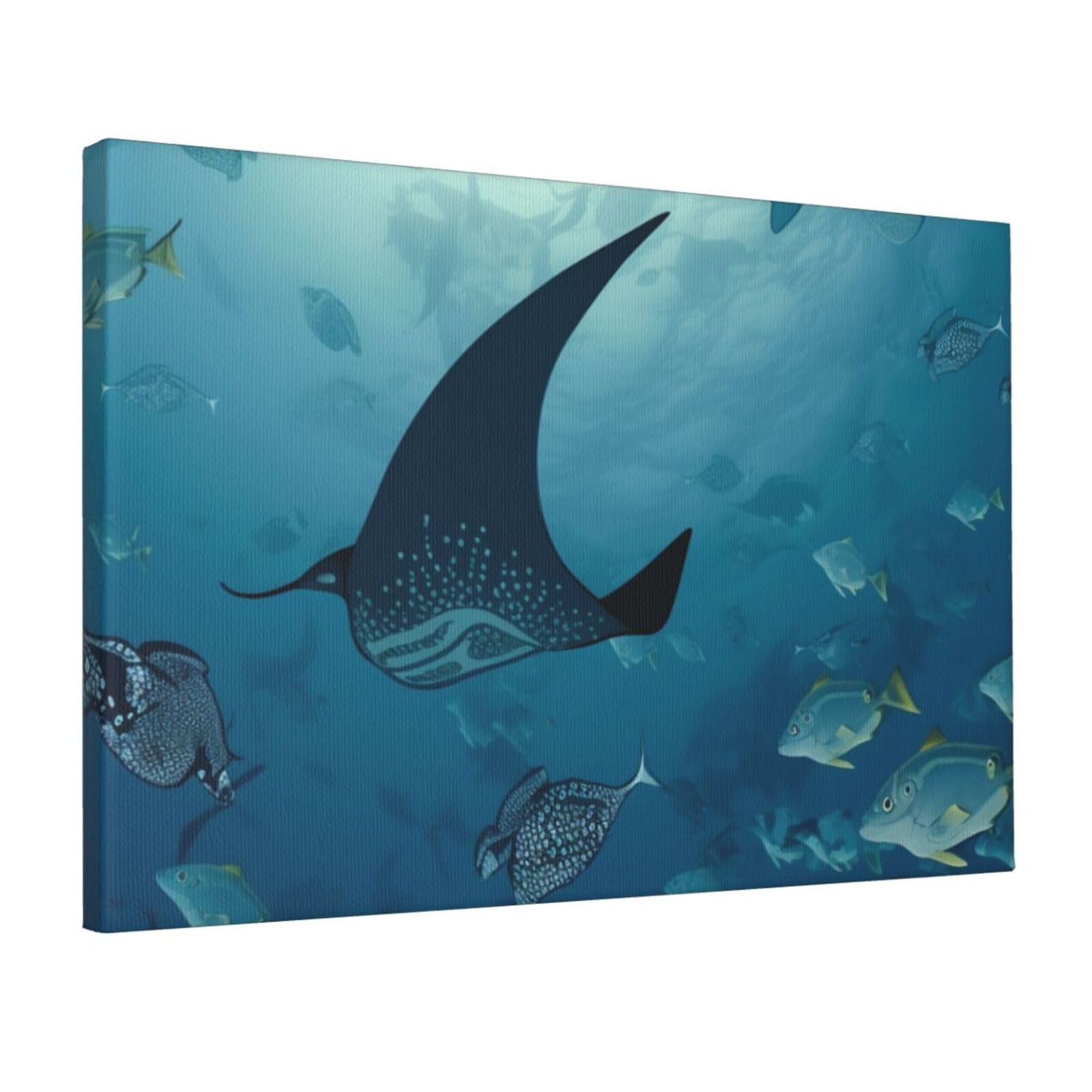 YKLJG Manta Ray and Fish Printed Wall Art Canvas Prints 45x30 CM Wooden Framed Picture Painting Artwork for Bedroom Kitchen Home Office Decor