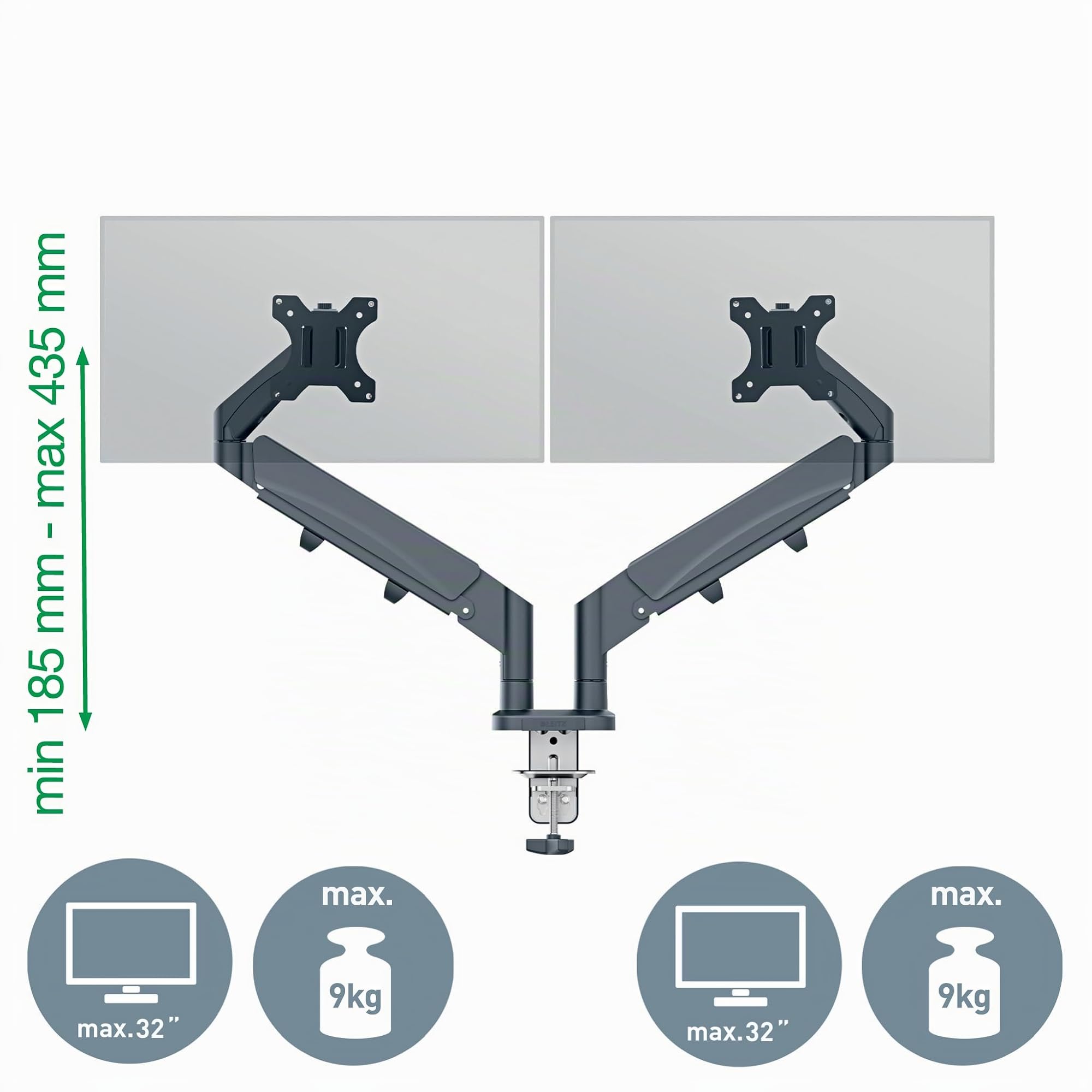 Leitz Ergo Bras Double pour 2 Écrans 17"-32", Gris