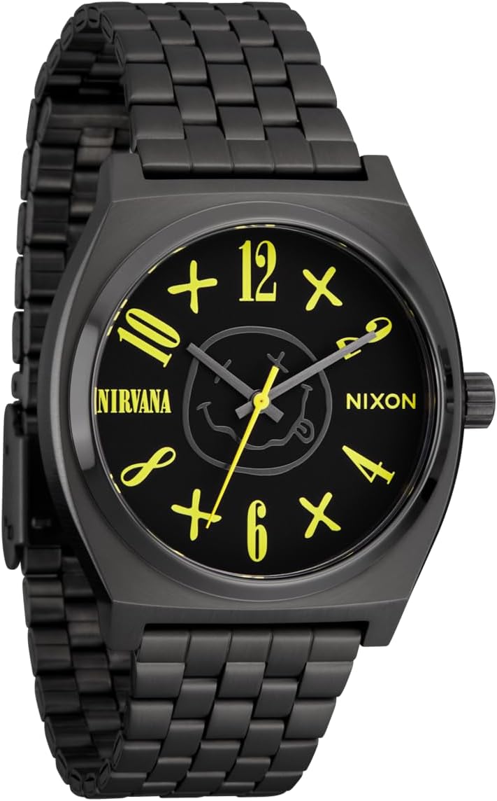 NIXON x Nirvana Time Teller Black Smiley Face A1419- Unisex Japanese Quartz Watch- (37mm Face, 20mm Stainless Steel Band)