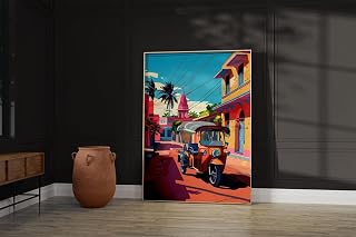 momima Modern Tuk Rickshaw Poster Wall Art featuring a Desi Punjabi Gujarati Hindi street scene with a colorful auto rickshaw illustration, ideal for living room, bedroom or office