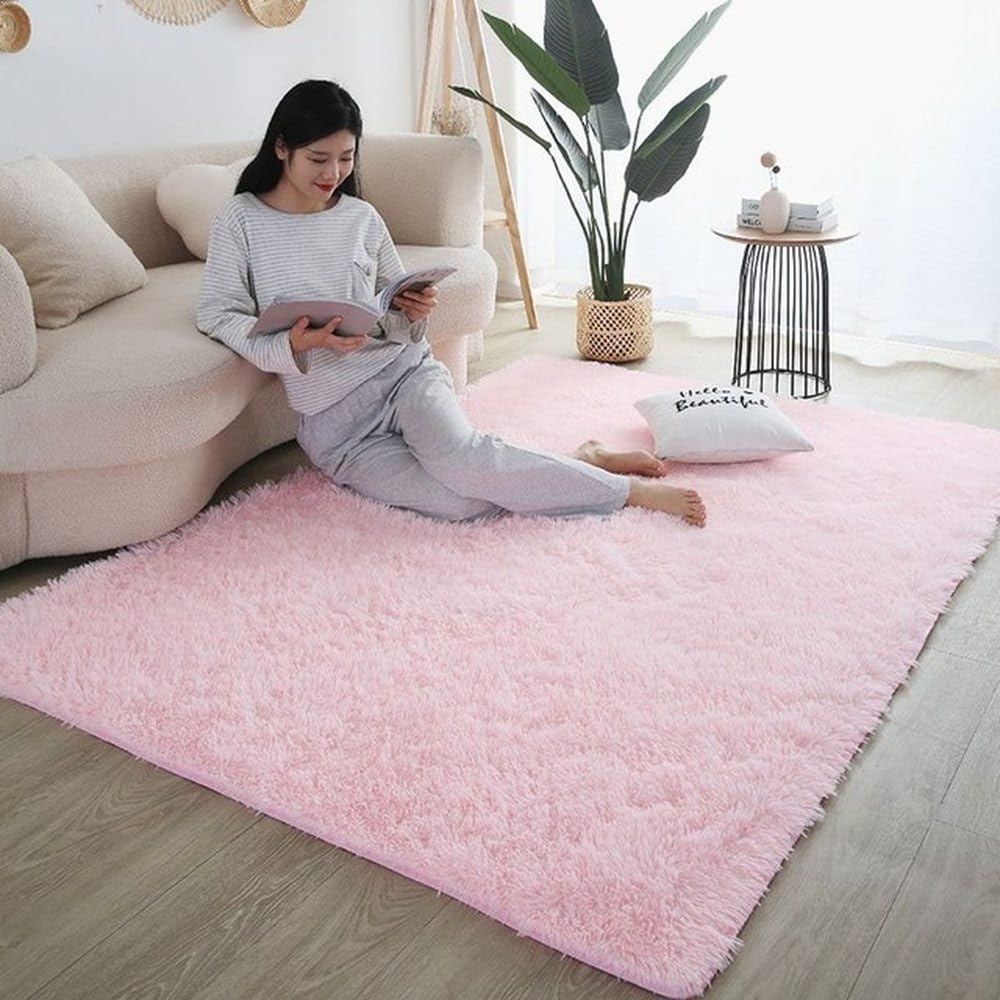 Tapis en fourrure de salon chambre moderne style nordique rose grande taille 160x230 cm