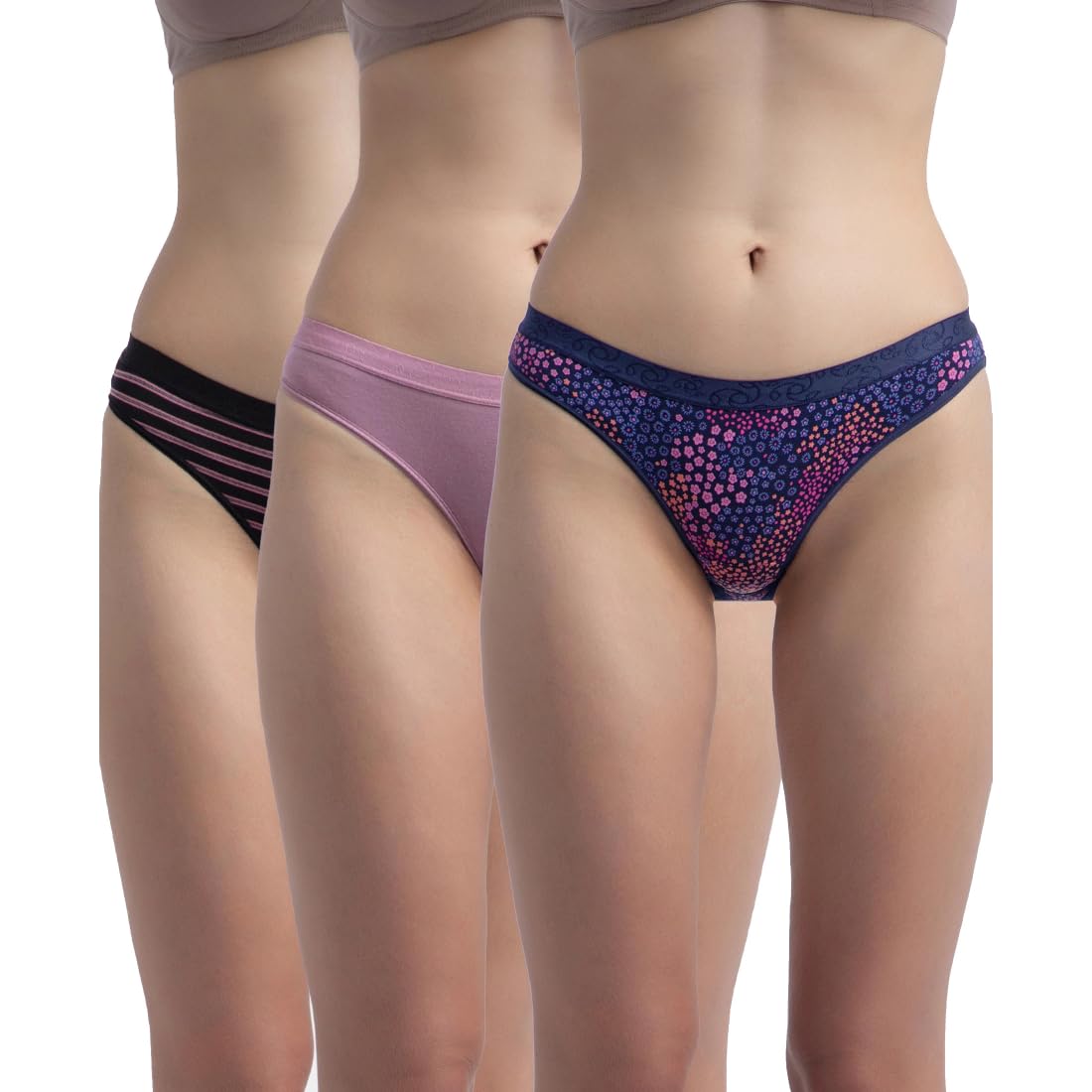 3005 Women's Medium Coverage Super Combed Cotton Elastane Stretch Mid Waist Bikini with Exposed Waistband and Stay Fresh Treatment (Pack of 3_Colors & Prints May Vary)