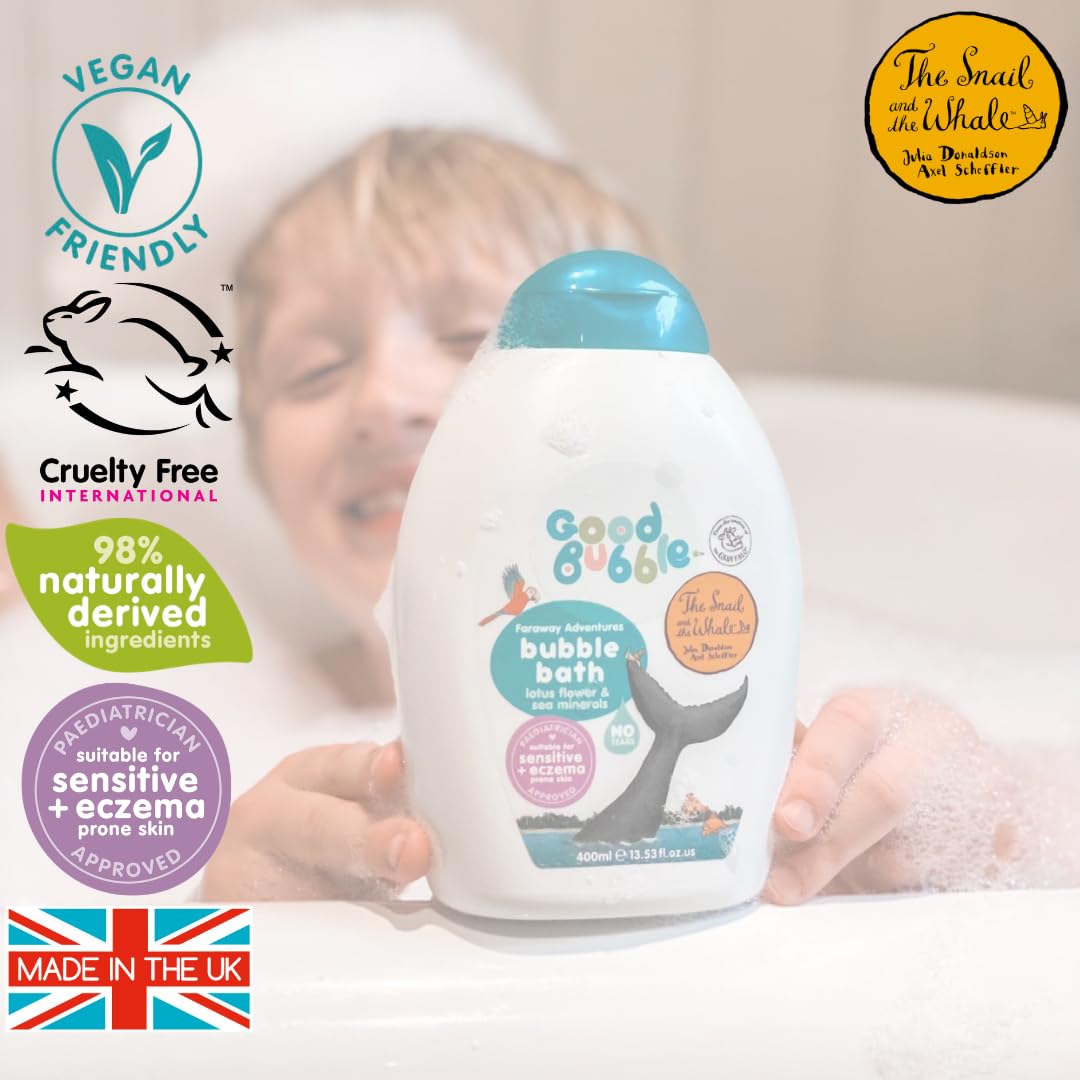 Good Bubble The Snail & The Whale Bubble Bath con fiori di loto e minerali marini, bagnoschiuma da 400 ml, per pelli sensibili e soggette a eczemi, vegano per i più piccoli