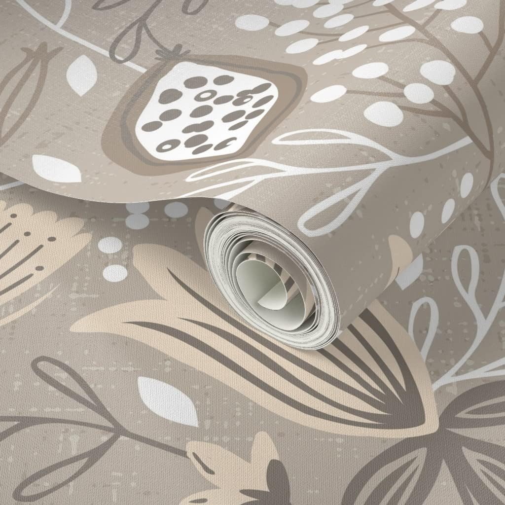 Spoonflower Peel & Stick Wallpaper 3ft x 2ft - Neutral Botanical Meadow Floral Nature Seeds Leaf Custom Removable Wallpaper