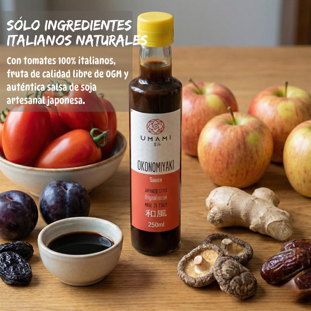 Umami Salsa Okonomiyaki Japonesa 250ml - Con Frutas y Verduras BIO - Para Okonomiyaki, Takoyaki y Street Food - Sin Conservantes ni OMG - Sabor Auténtico
