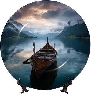 Bone China Decorative Plate 7in Ceramic Dinner Plates Fishing Boat Decorative Plates with Display Stand Hanging Porcelain Plate Art Crafts Ceramic Ornaments for Home Office Wall Decor