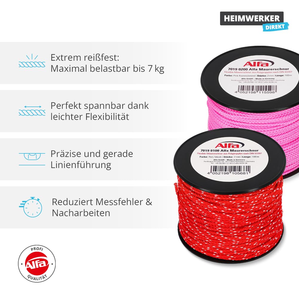 1x Alfa Maurerschnur Pink 100 m Länge Ø 2,0 mm Profi-Qualität Polypropylen rund geflochten Reißfest & Belastbar Richtschnur Bauschnur Lotschnur Pflasterschnur