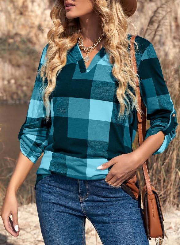 Image of Dokotoo Womens Tops Plaid Cotton Cuffed 3 /4 Sleeve Shirts Blouses