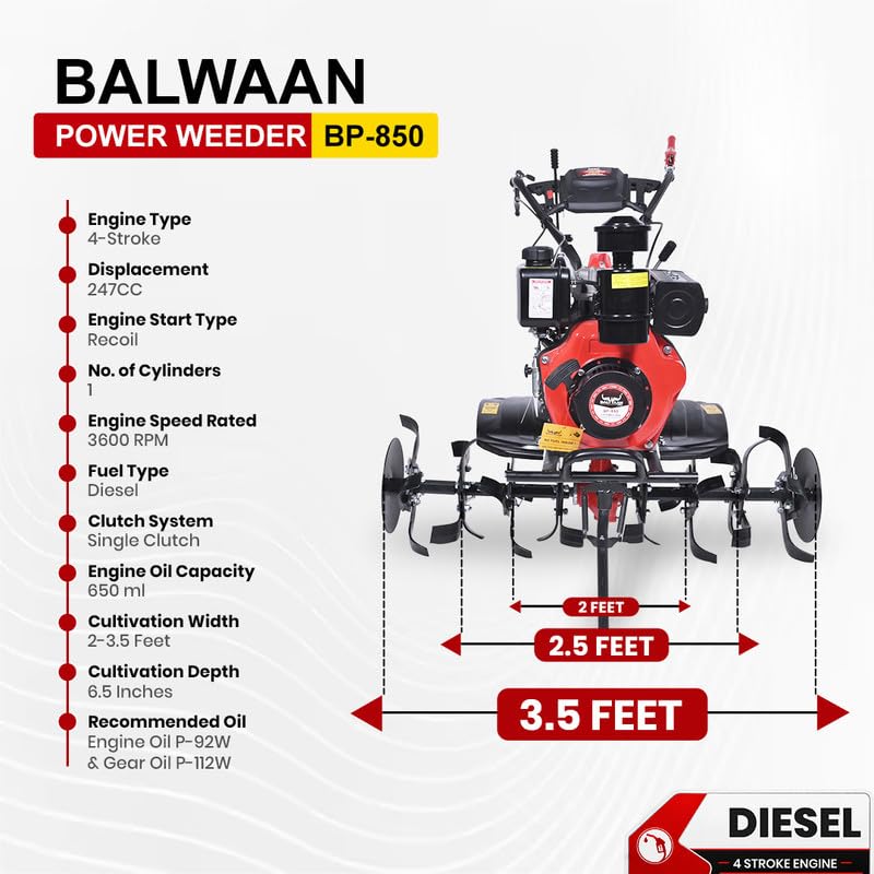 Image of Balwaan Krishi 247cc 4-Stroke Diesel Engine Power Weeder | High Power, Economical Fuel Consumption| Ideal for Weeding | 40 inch Working Width | Free Engine and Gear Oil Bottle | (Red & Black) BP-850