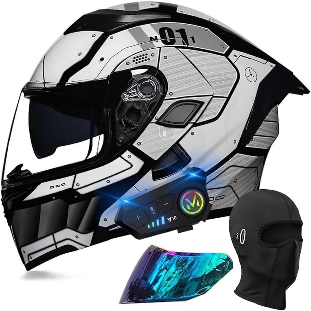 Casco Modular de Moto con Bluetooth e intercomunicador, homologado por la ECE y la Dot, con Apertura integrada y Doble Visera para Hombre y Mujer. H,L=59-60cm