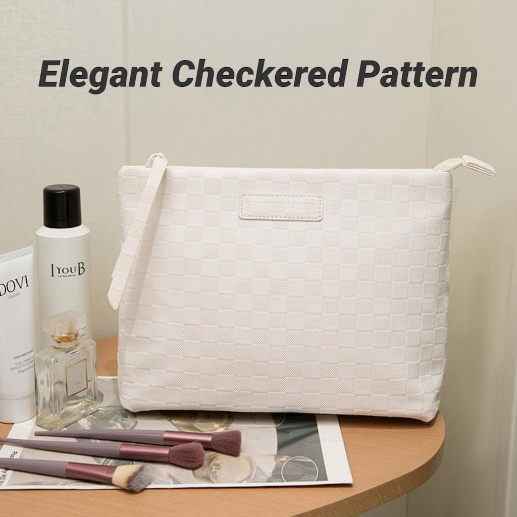 Checkered Makeup Bag Large Capacity Makeup Pouch Travel Cosmetic Bag for Women Cosmetics Skincare Care Organizer with Compartments (Black Checkered)