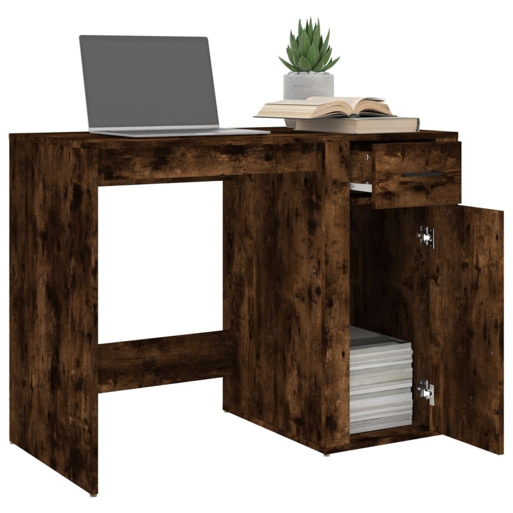 Biurko dąb wędzony 100 x 49 x 75 cm z materiału drewnopochodnego z szufladą, szafką, zarządzaniem kablami, idealne do biura, biura domowego, gabinetu, pokoju młodzieżowego i dziecięcego