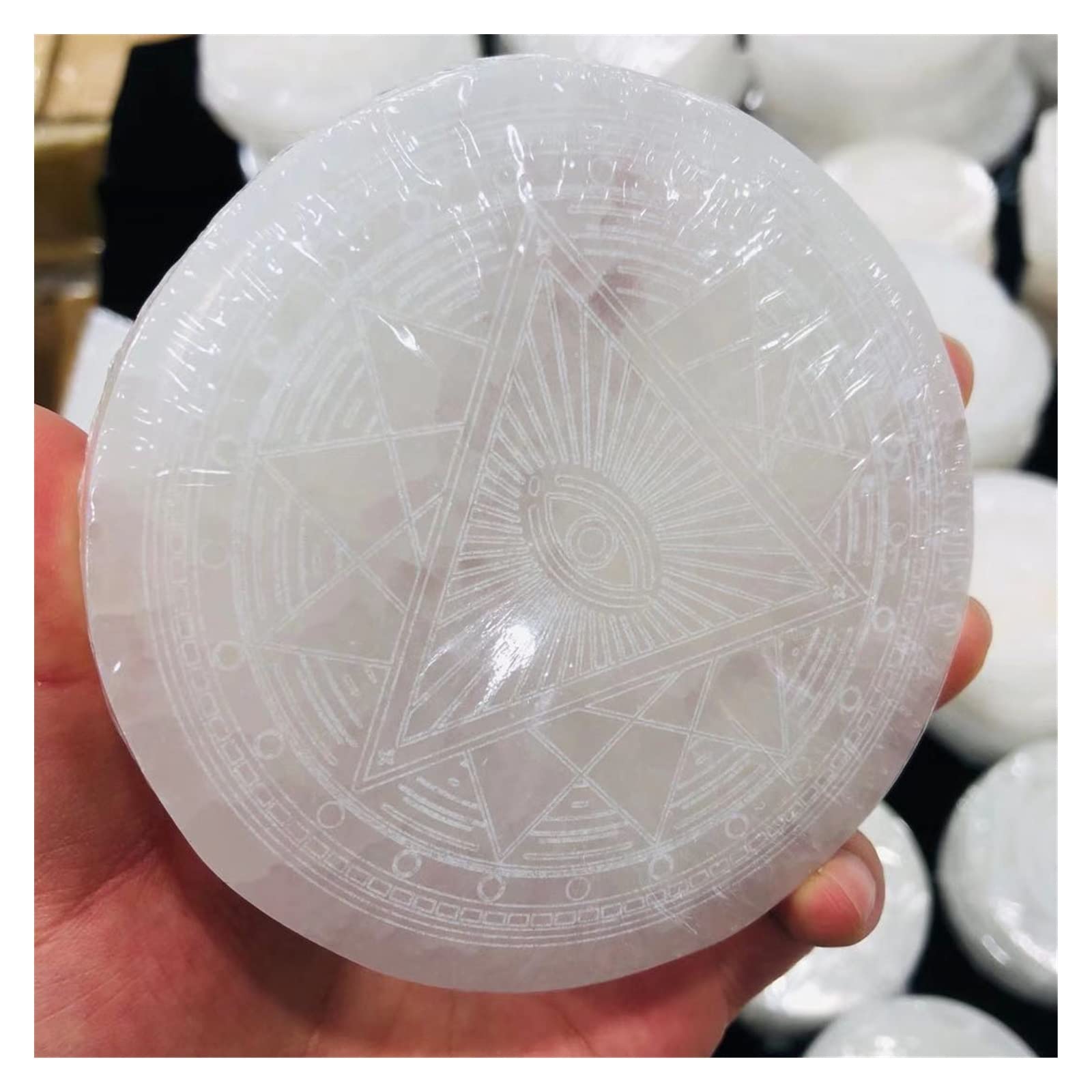 Home Kolekcje Naturalny Biały Selenit Płyty gipsowo-kartonowe Podstawki Symbole Złe Oczy Witch Decor Dr Stone Divination Pendulum