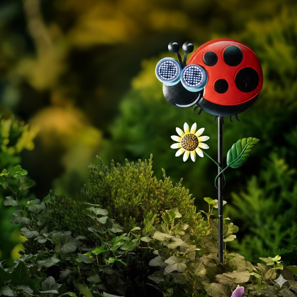 Ladybird Solar Powered LED Stake Light - Solar Garden Light - Animated Blinking Eyes With Cool White LEDs and Automatic Light Function - Decorative Ladybird Garden Stake Path Light - 78cm