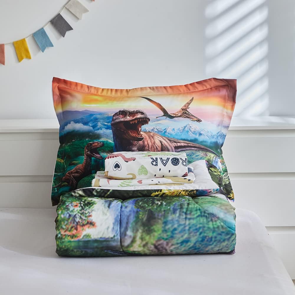 ADASMILE A & S Dinosaur Comforter Set - Twin Bedding Set for Kids - 6 Pieces with Sheets, T-Rex Dinosaur Comforter and Sheets Set for Home Decor
