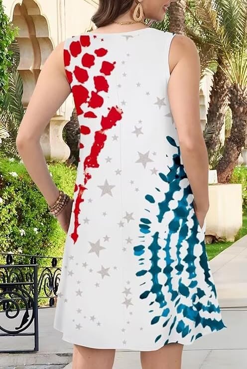 Image of Roshop Womens Juneteenth Flag Sleeveless Dress 4th of July Patriotic Swing Sundress with Pockets