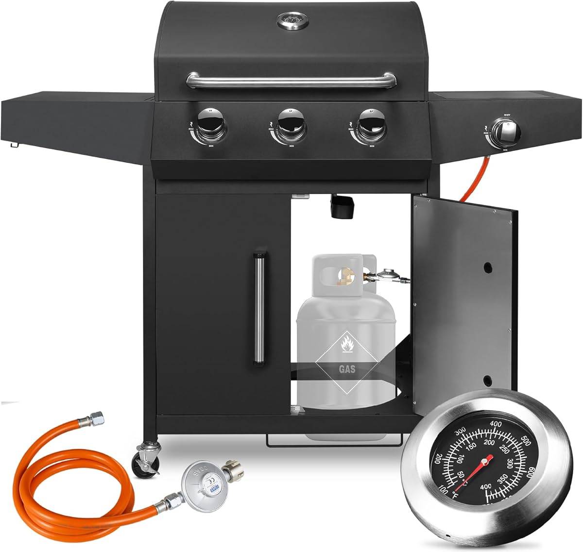 LIFERUN Gasgrill 3+1 Edelstahl Brenner,13,5 kw Gas Grillwagen BBQ mit Seitenkochfeld,Gasgriller mit Thermometer,4 PCS Bremse Rollen,DE I3B/P(50) Gasdruckregler,Grillküche Camping Garten(Butan/Propan)