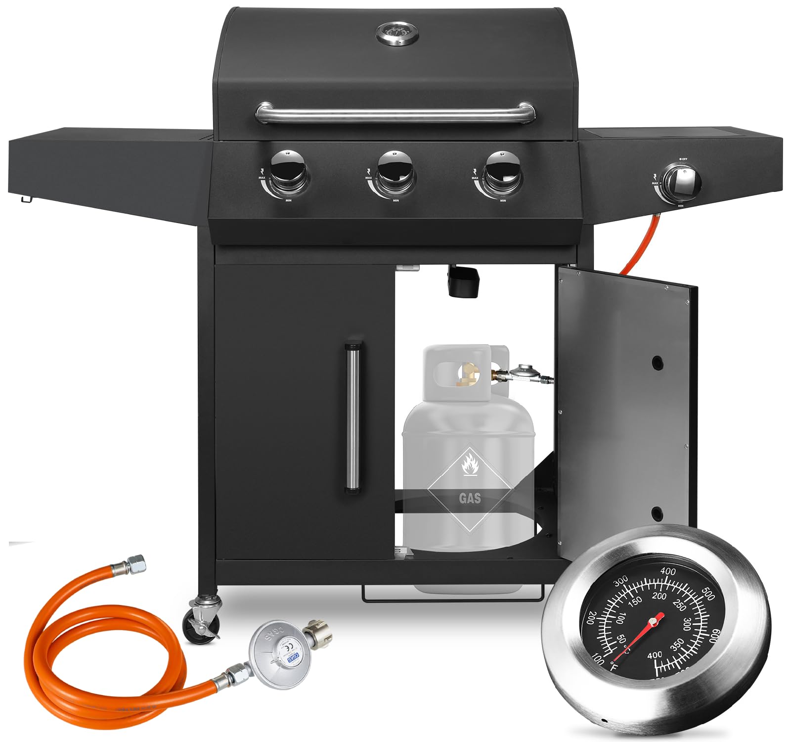 LIFERUN Gasgrill 3+1 Edelstahl Brenner,13,5 kw Gas Grillwagen BBQ mit Seitenkochfeld,Gasgriller mit Thermometer,4 PCS Bremse Rollen,DE I3B/P(50) Gasdruckregler,Grillküche Camping Garten(Butan/Propan)