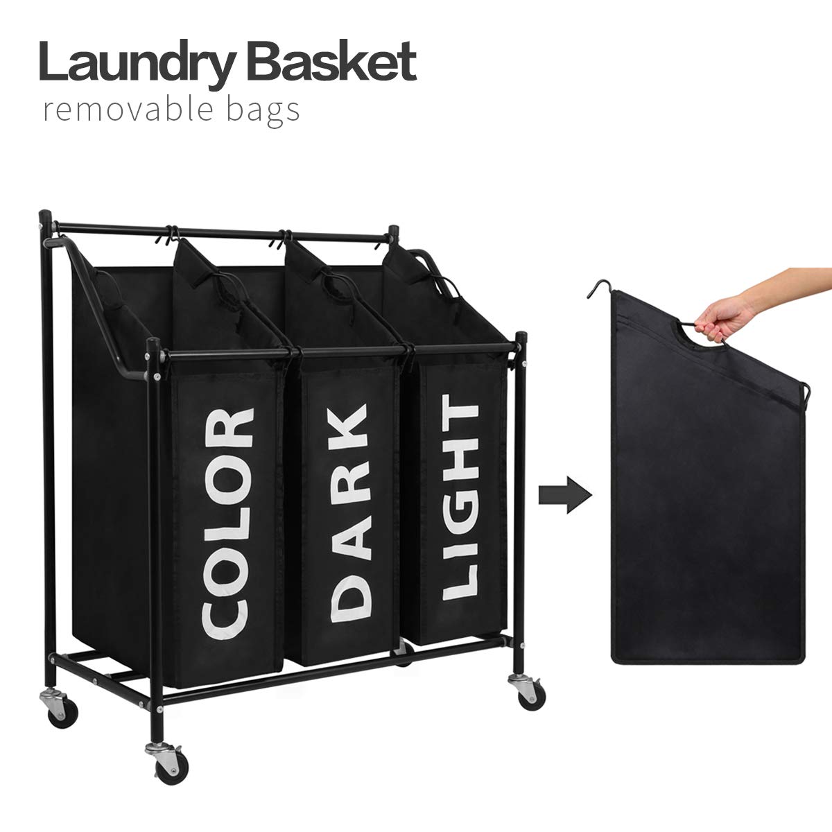 Mondeer Carrello Porta Biancheria con 3 Sacchi Rimovibili, Ceste per Bucato con Rotelle Universali, capacità Totale di 135 Litri,3x45L & 4x45L (Nero 01)