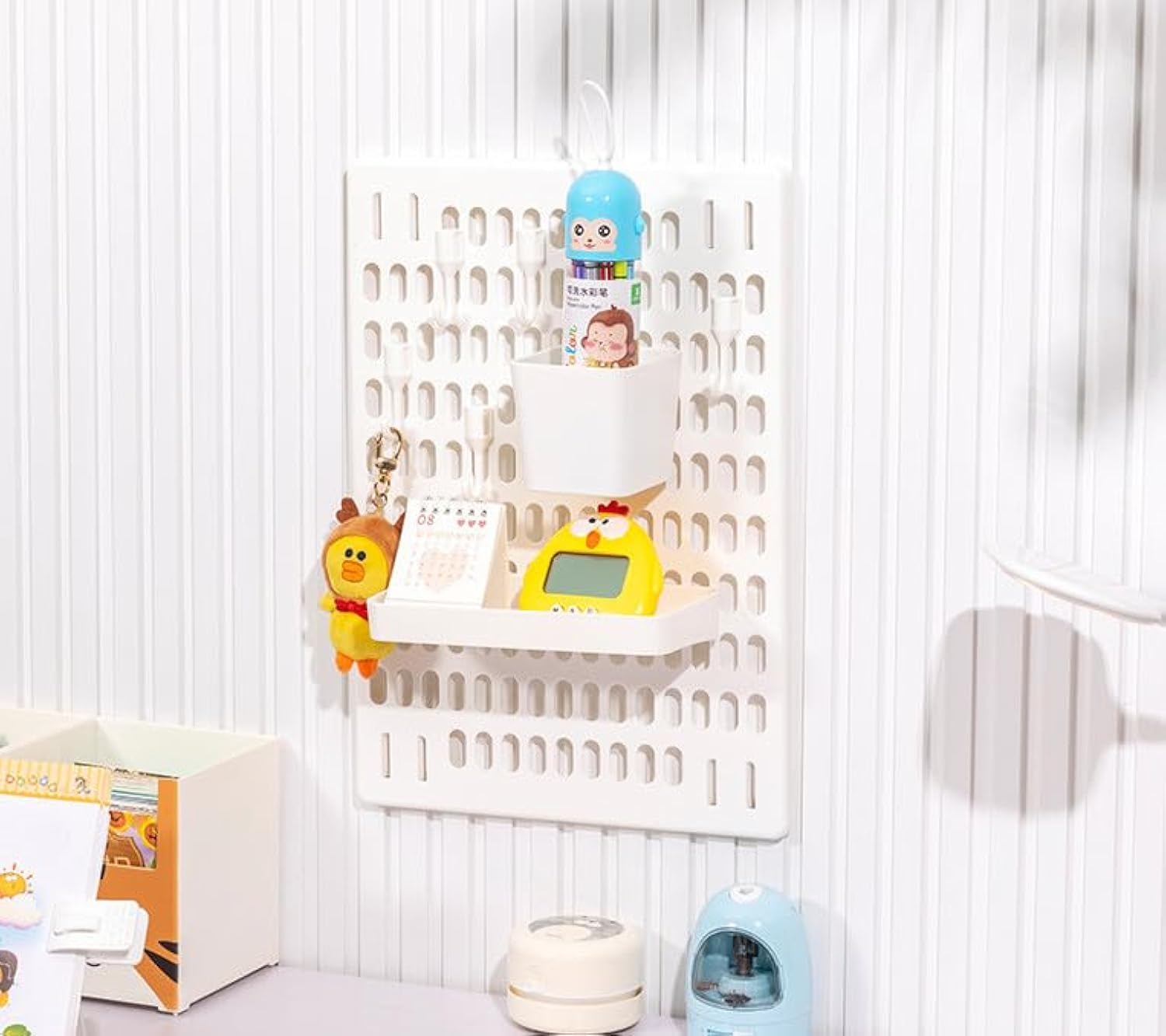 Sunlink Pegboard Wall Mount Display Self-adhesive Without Drilling Wall Panel, 1 Pack Pegboard Organizer with 7 Accessories Durable Plastic Wall Organizer Kit for Home Kitchen Bathroom Office (white)