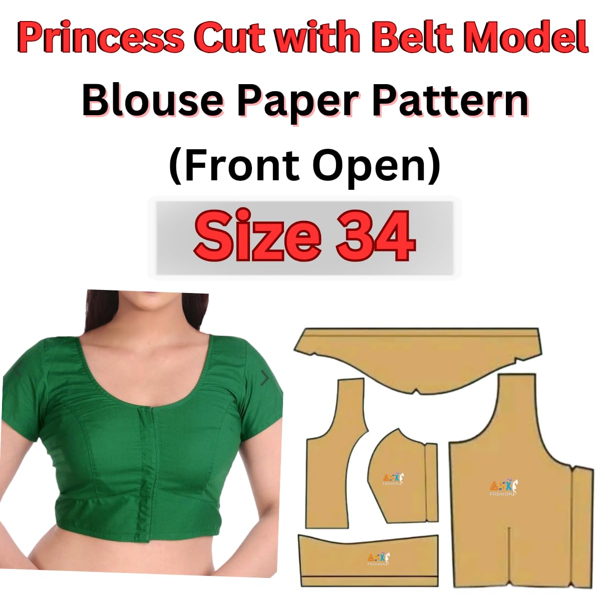 GenericPrincess Cut with Belt Model Blouse Paper Cutting Pattern 34" Size/Front Open Model/Farma (Pack of 1) Easy Cutting Pattern - Size 34