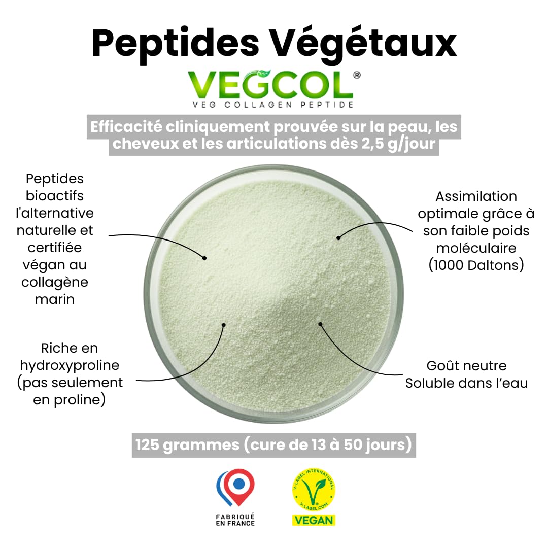 Colágeno vegano VEGCOL®, una alternativa al colágeno marino, para una piel hidratada, un cabello sedoso y articulaciones fuertes. Tratamiento de 50 días, 125 gramos, colágeno hidrolizado tipos 1 y 3