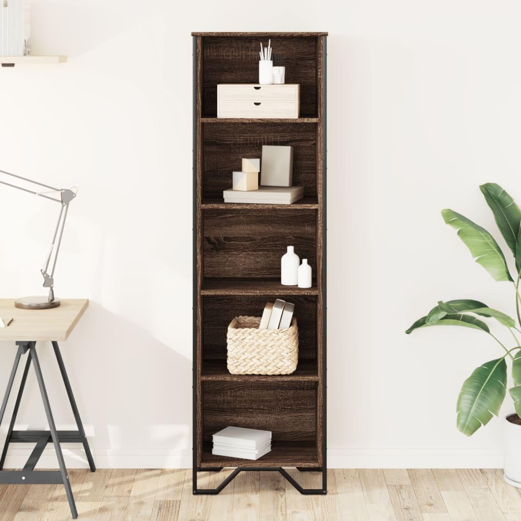 Scaffale marrone effetto rovere, 50 x 31 x 169 cm, con 5 scomparti | Libreria sottile con 5 scomparti aperti e robusti piedini in metallo per soggiorno e ufficio.