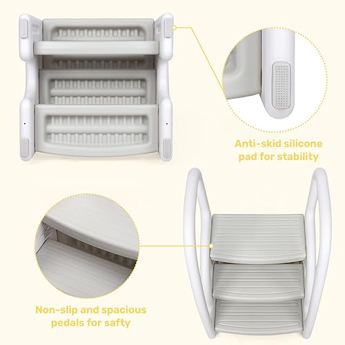 Miniatura 5 de Taburete de plástico de 3 escalones para niños pequeños con asas laterales para entrenamiento de inodoro y baño, fregadero de cocina, ligero,