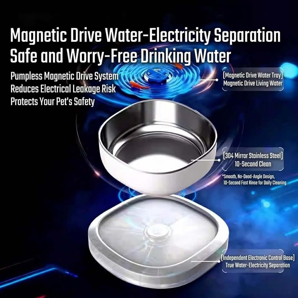 Magnetic Cat Water Fountain, Magnetischer Katzen-Trinkbrunnen, Katzenbrunnen Kabellos 0.8L, mit interaktivem Fisch-Motion-Design, ultraleise Trinkbrunnen, Edelstahl-Tablett