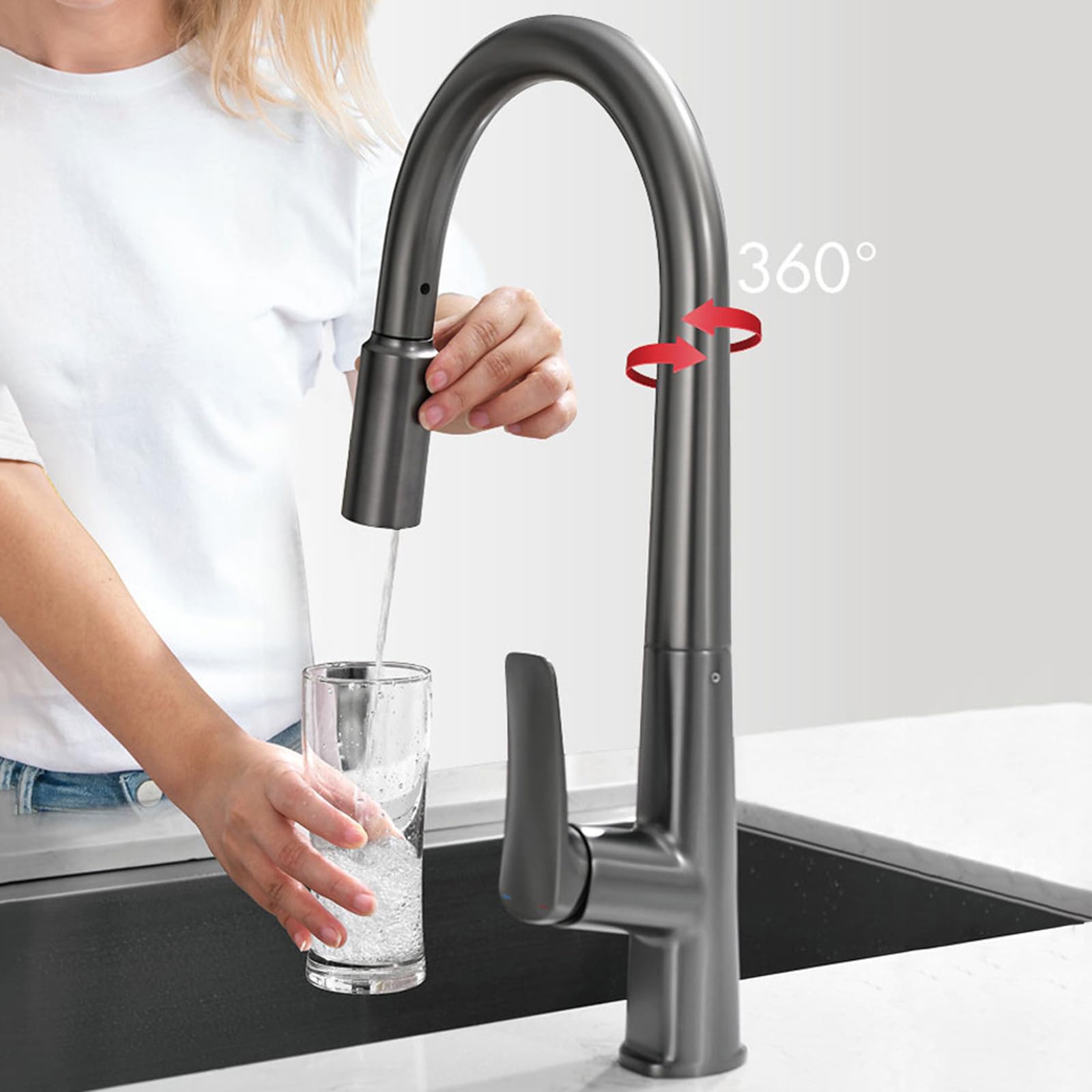 XJTNLB Grifo de Cocina con Ducha Fregadero 3 Vias Osmosis Oro Cepillado Grifo Monomando Cocina Osmosis Caño Grifo Cocina Cuello de Cisne