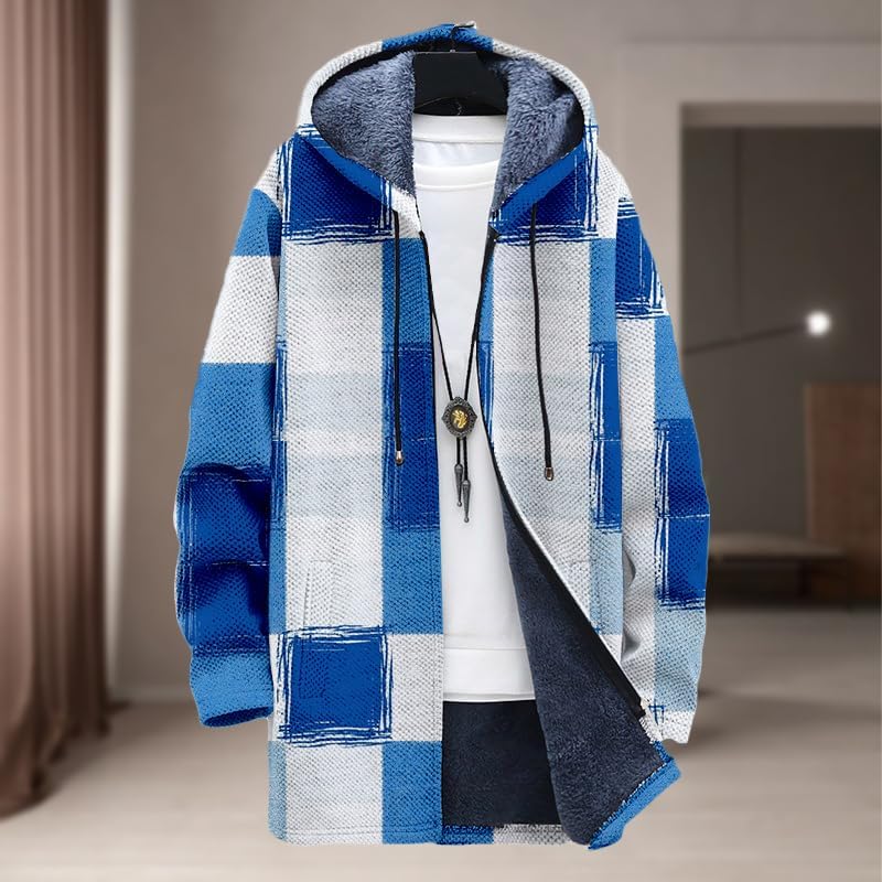 DMOYALA Zip Up Plaid Hoodie for Men Oversized Winter Coat Sherpa Lined Fleece Jacket Soft Warm Long Cardigan with Hood