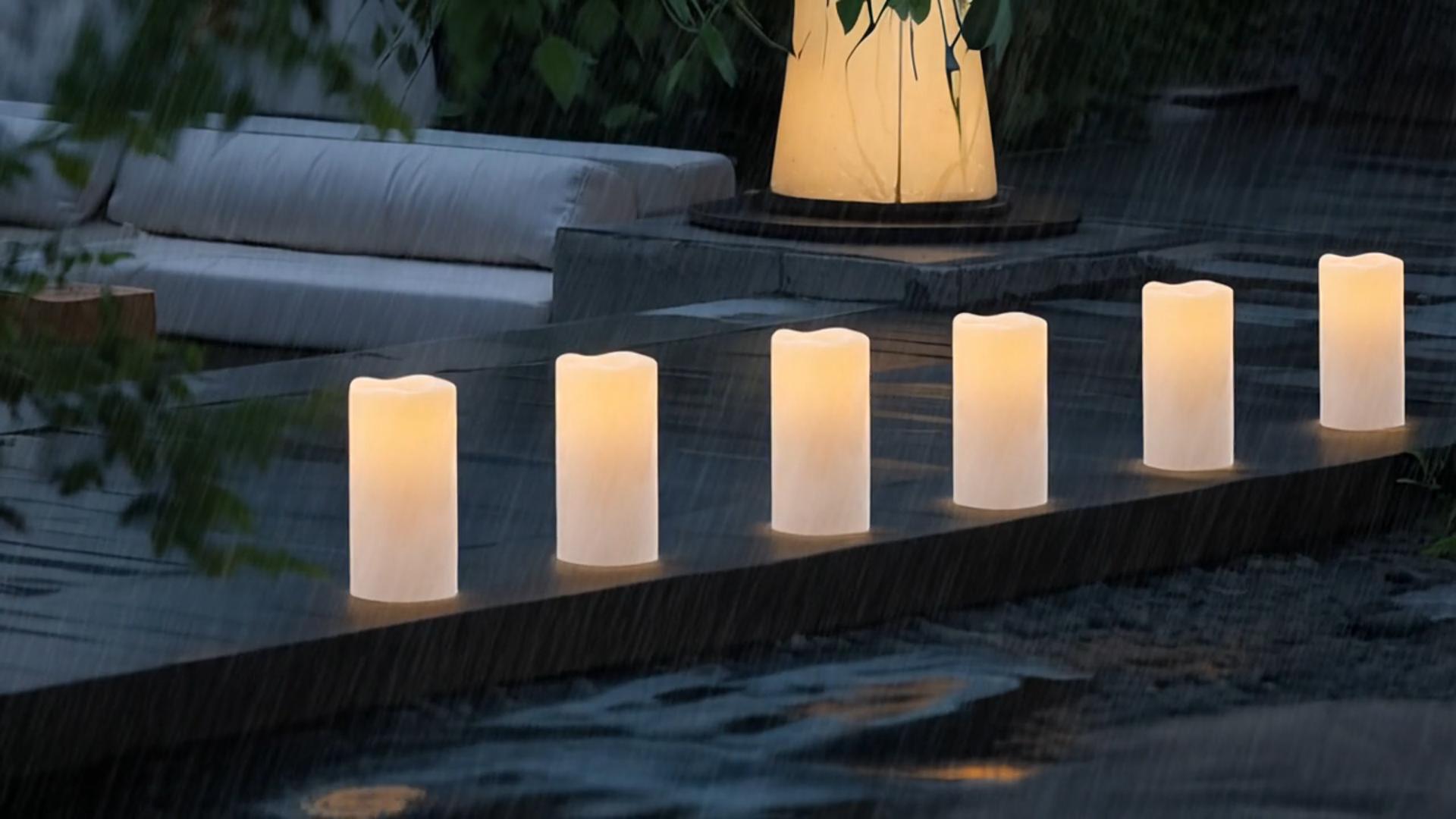 Image of Eldnacele 8 inch x 4 inch Waterproof Outdoor Large Flameless Candles Remote and Timer, Battery Operated White Plastic LED Flickering Pillar Candles 2 Pack Dinner Wedding Porch Garden Lanterns Home Decor