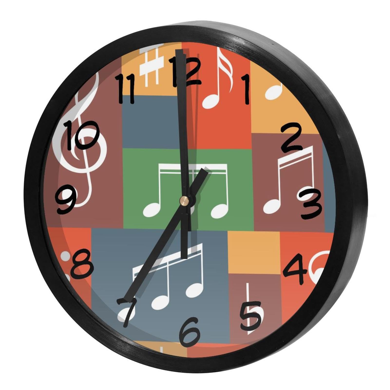 Horloge murale ronde pour cuisine et maison motif notes de musique sur grille
