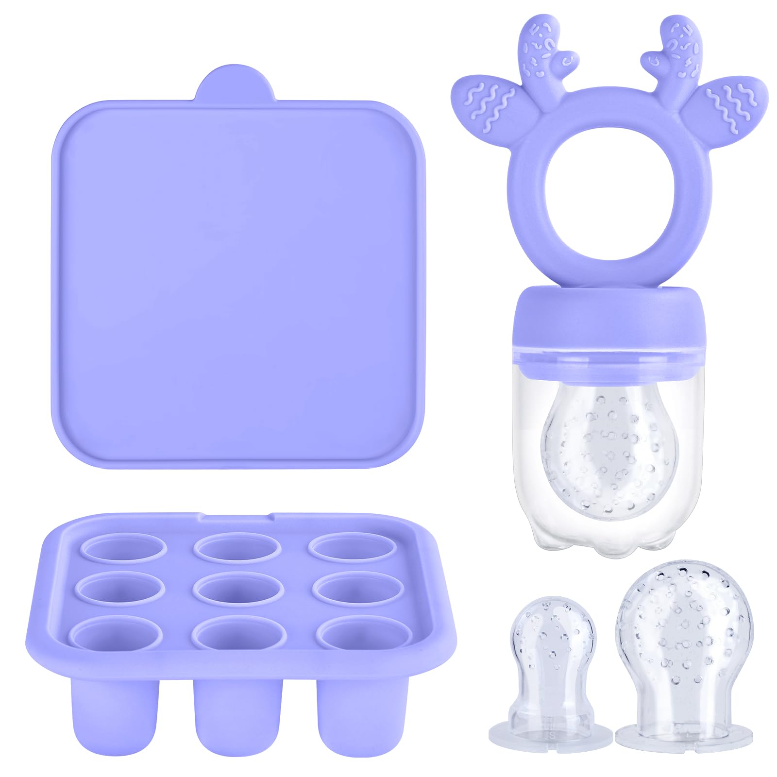 Aolso Fruchtsauger Baby, Baby-Früchte-Futterspender-Set, Babynahrungs-Aufbewahrungsbehälter, Silikon-Baby-Früchte-Futterspender für Schnuller und Muttermilch-Eis am Stiel (Blau-Lila)