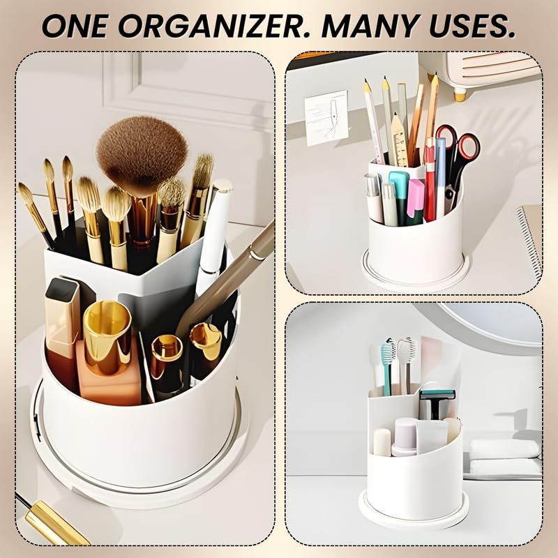 Image of OCEANEVO Cosmetic Makeup Brush Holder with Makeup Sponge, Dustproof Makeup Brush Organiser Stand with 360 Rotatable Lid - 12.5 x 27 Cm - White - Diamond Pattern - 1 Year Warranty
