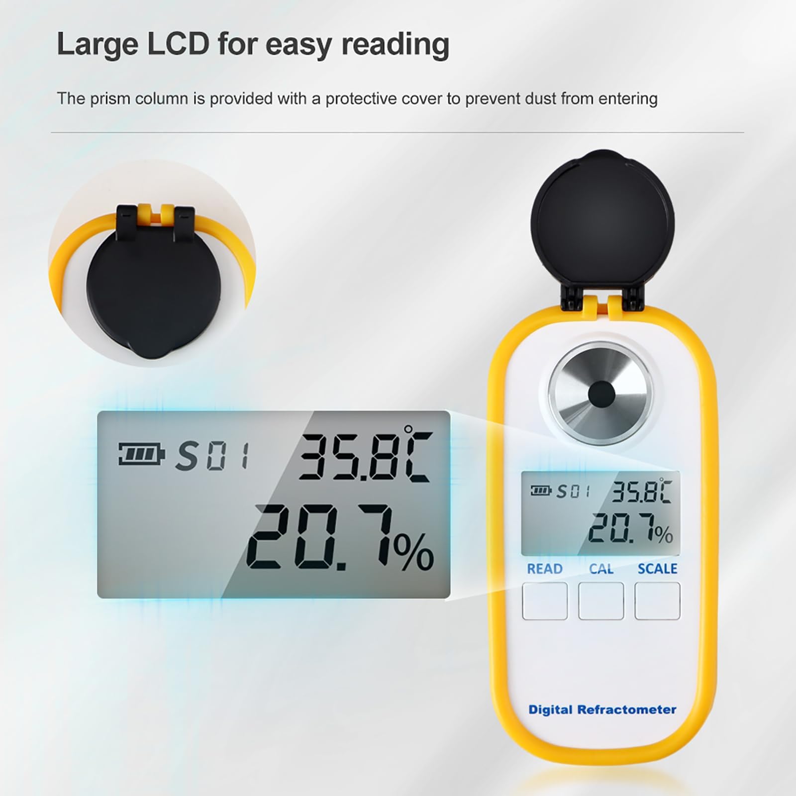 Refractómetro Digital Brix, Medidor De Frutas De Alta Precisión con Rango De 0-55% con Función De Compensación Automática De Temperatura, Precisión De ±0,2% E Impermeabilidad Ip65