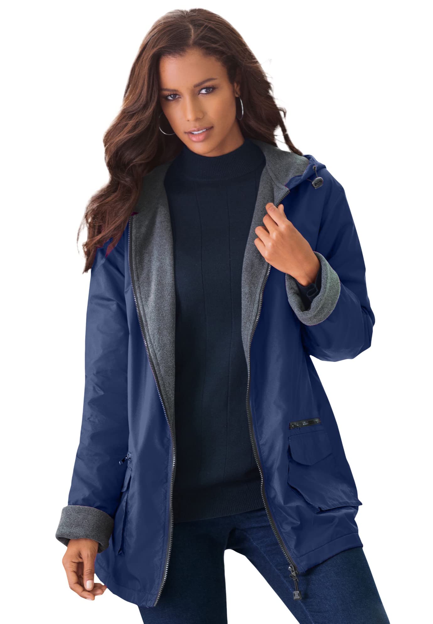 Roaman'sWomen's Plus Size Hooded All-Weather Jacket Fleece Lining Rain Coat