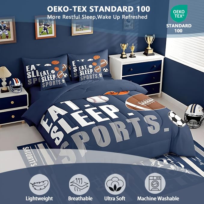Image of Feelyou Sports Comforter Set 7 Pieces King Size Boys Bedding Set Kids Football Basketball Baseball Soccer Bed in A Bag with Sheets, Pillow Covers, Pillowcases, Navy Blue Sports Game Comforter