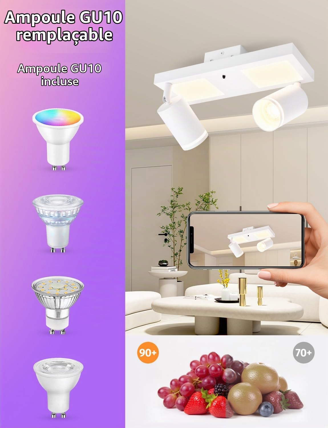 YindaLux Plafonnier LED 2 Spots avec Télécommande, RGB 17W 2300LM Spots de Plafond GU10 Orientable, Blanc Plafonnier Spot avec Lueur Inférieure 7W+2x5W GU10 pour Salon Cuisine Chambre