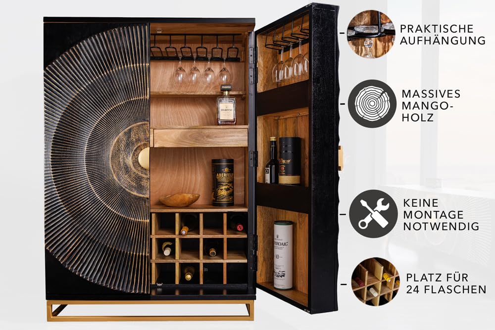 Riess Ambiente Handmade Barschrank GOLDEN Sunset 145cm schwarz Gold Mangoholz Massivholz Metallgestell Hausbar Highboard Flaschenhalter Glashalter inkl. Schubladen Türregale