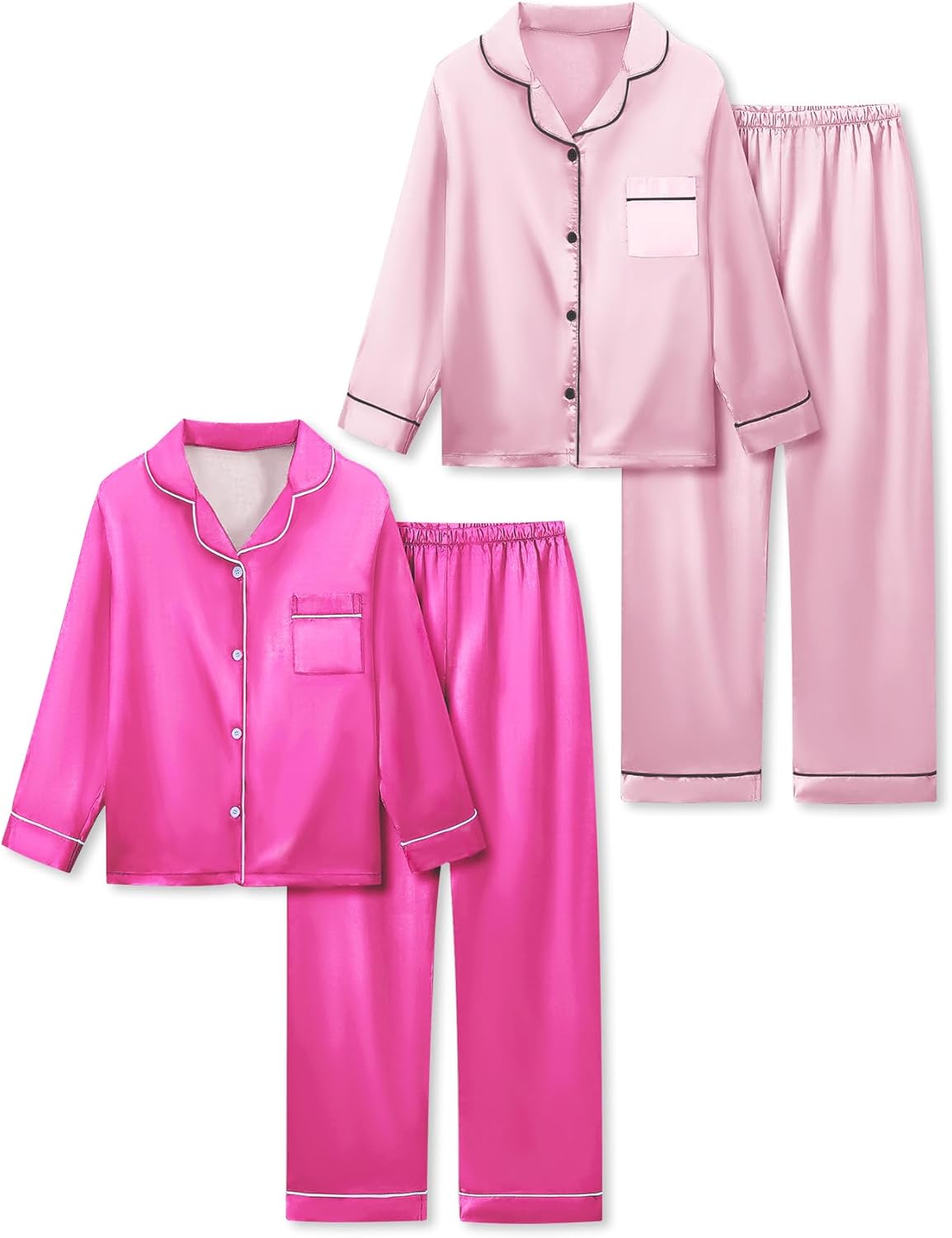 Satin Pajamas for Girls, 4-Piece Long Sleeve Silky Button Down PJ Set