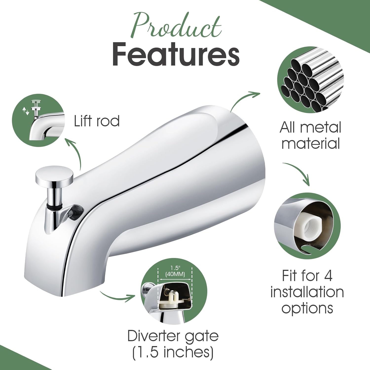 Bathtub Faucet Replacement with Diverter,Easy to Install Tub Spout for 1/2" Copper Pipe,1/2" IPS and 3/4" IPS with Install Tool
